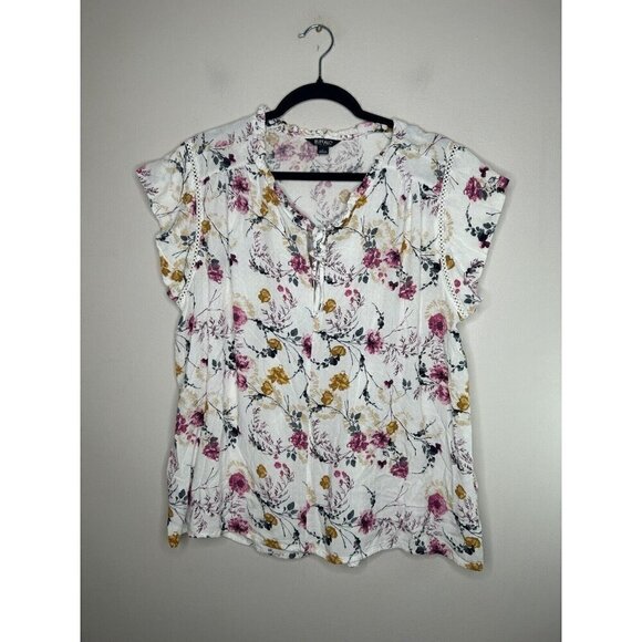 Buffalo David Bitton White Floral Blouse Capped Short Sleeves Size Large - Picture 2 of 11